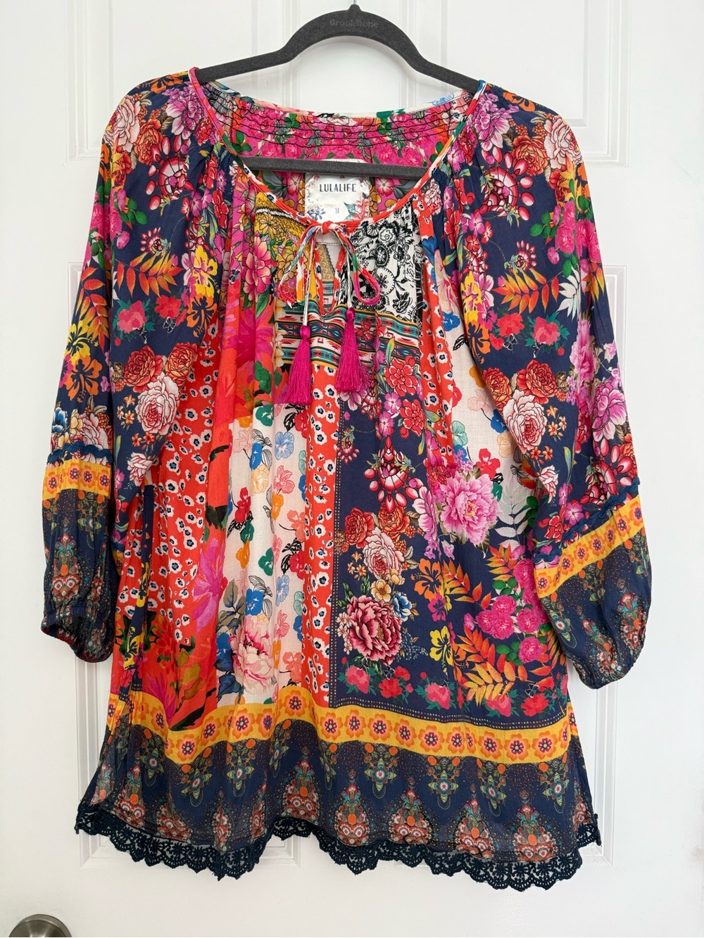 Lulalife Multicolor Floral Patchwork Tassel Peasant Top